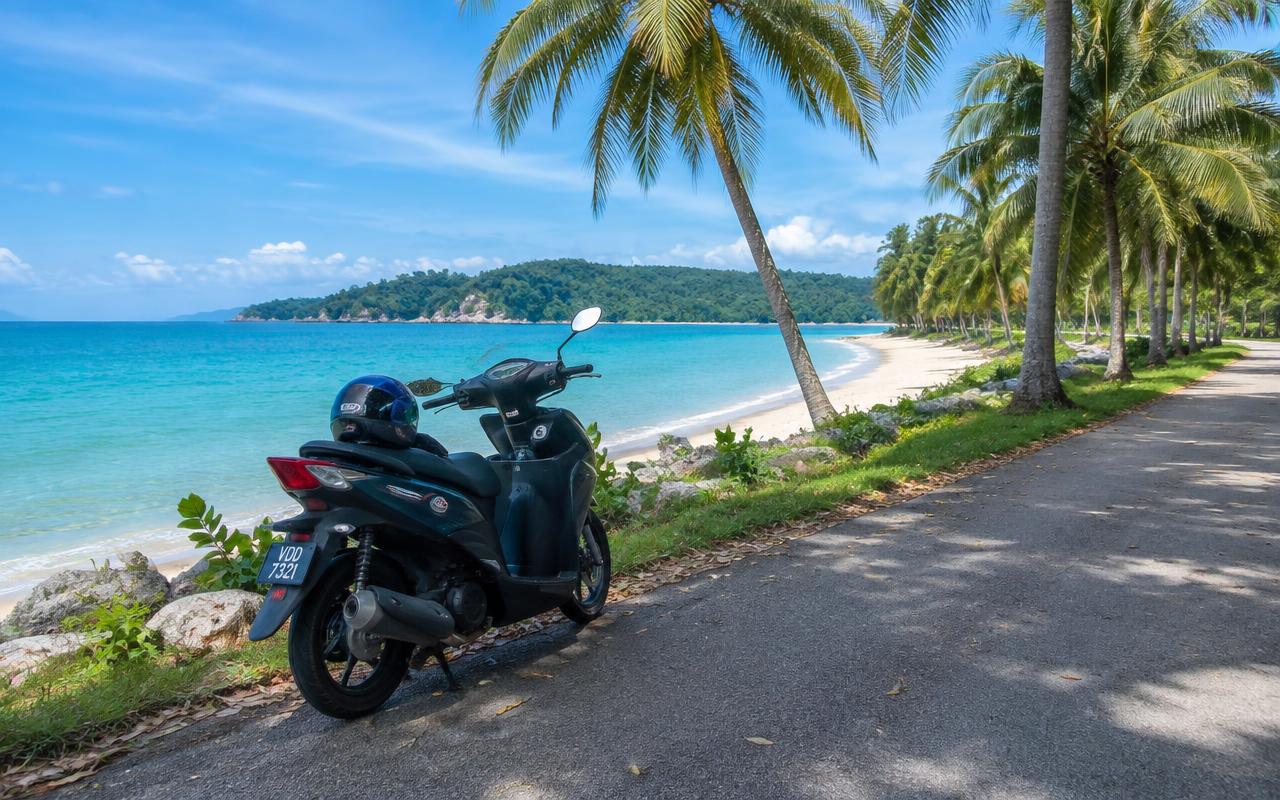 Scooter parked on a coastal road beside a Pangkor beach
